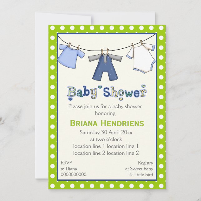 Clothesline baby boy shower personalized invitation (Front)