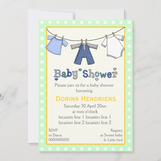 Clothesline baby boy shower personalized invitation (Front)