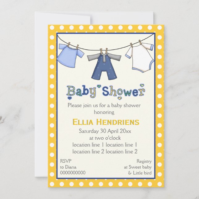 Clothesline baby boy shower personalized invitation (Front)
