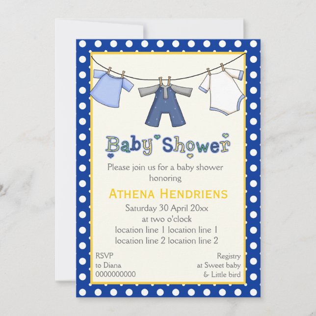 Clothesline baby boy shower personalized invitation (Front)