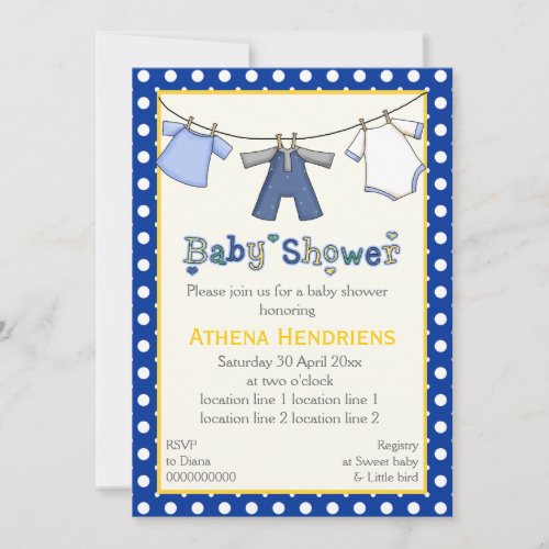 Clothesline baby boy shower personalized invitation