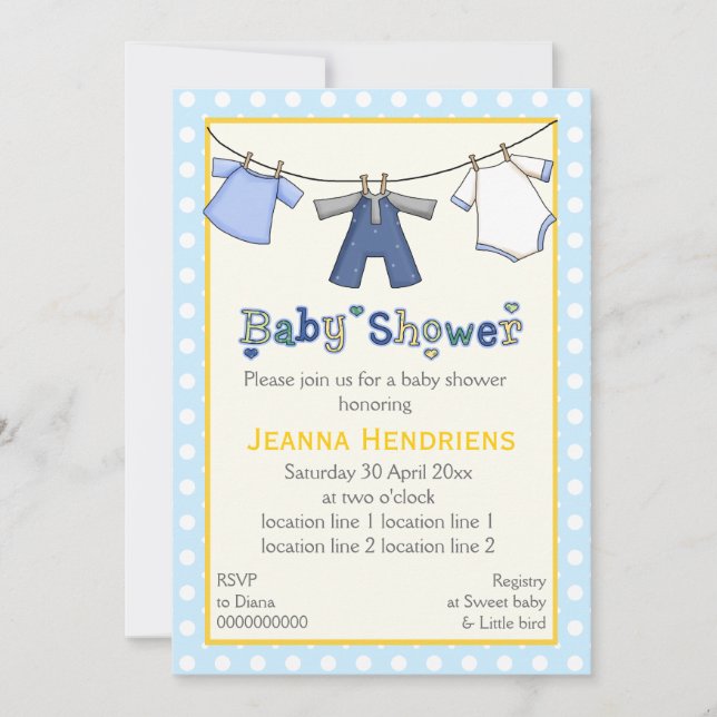 Clothesline baby boy shower personalized invitation (Front)