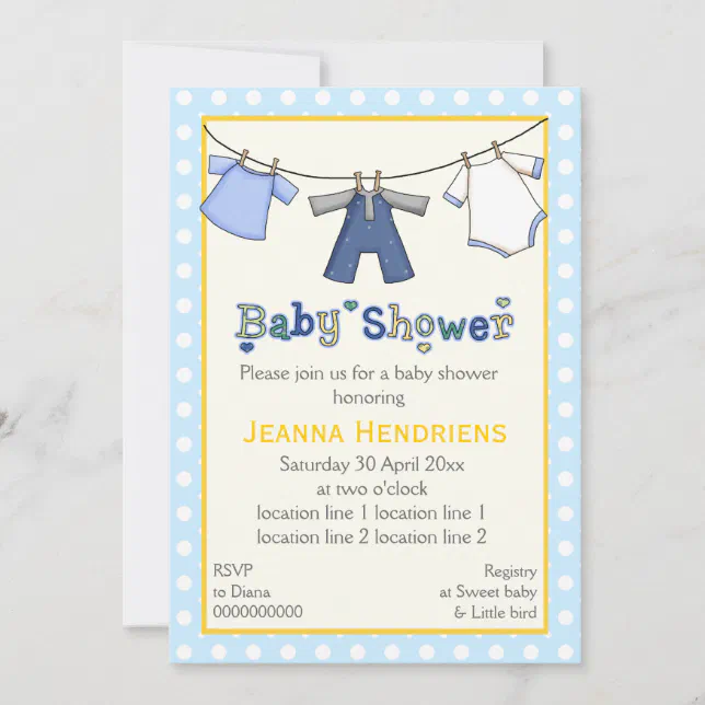 Clothesline baby boy shower personalized invitation Zazzle