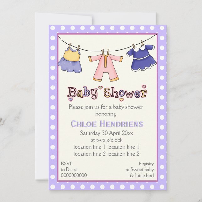Clothesline baby girl shower personalized invitation (Front)