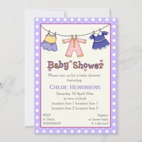 Clothesline baby girl shower personalized invitation