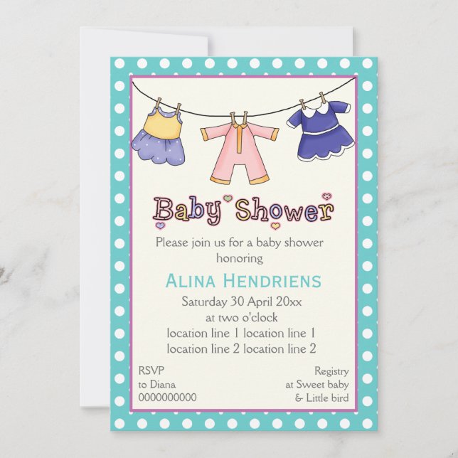 Clothesline baby girl shower personalized invitation (Front)