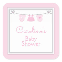 Clothesline Baby Girl Shower Pink Gray Chevron Square Sticker