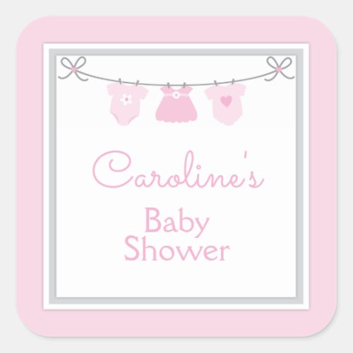 Clothesline Baby Girl Shower Pink Gray Chevron Square Sticker