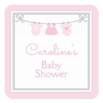 Clothesline Baby Girl Shower Pink Gray Chevron Square Sticker