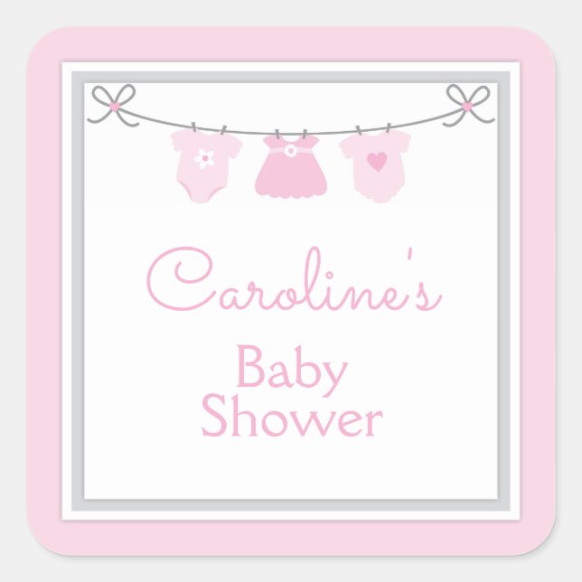 Clothesline Baby Girl Shower Pink Gray Chevron Square Sticker (Front)