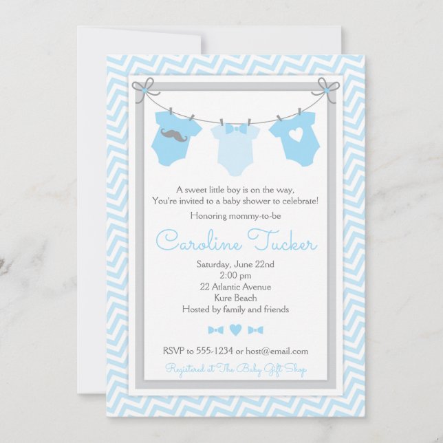Clothesline Baby Shower Invitation blue and gray (Front)