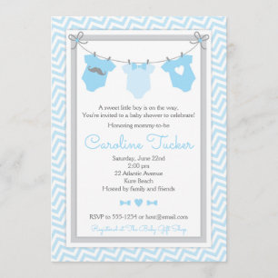 Clothesline Baby Shower Invitation blue and gray