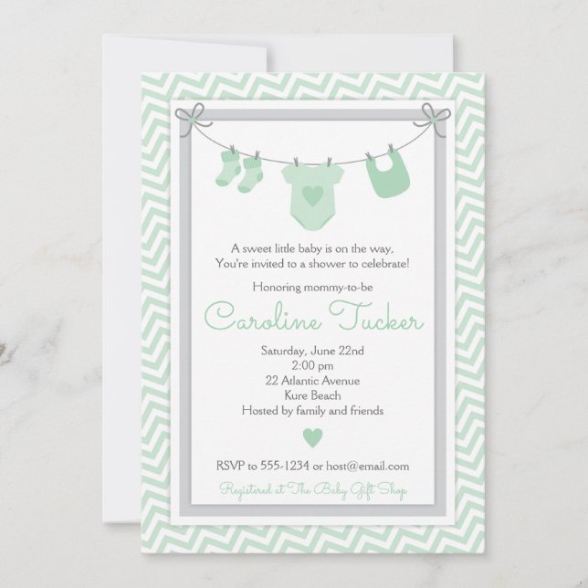 Clothesline Baby Shower Invitation green and gray (Front)