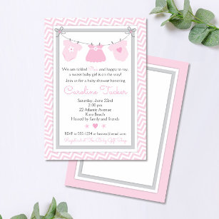 Clothesline Baby Shower Invitation pink and gray