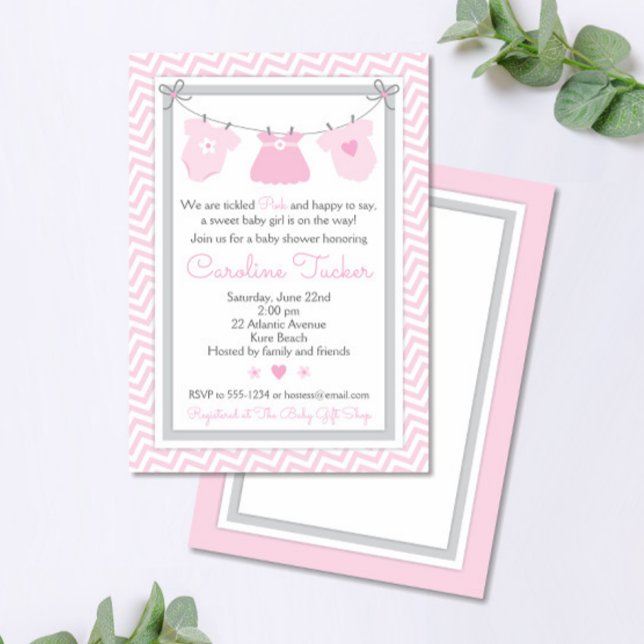Clothesline Baby Shower Invitation pink and gray (Pink Clothesline with Baby Clothes Baby Girl Shower Invitation)