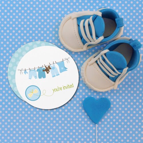 Clothesline Baby Shower Invitations Blue