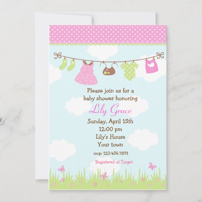 Clothesline Baby Shower Invitations Girls (Front)