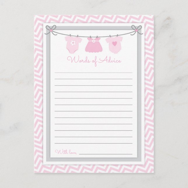 Clothesline Baby Shower Words of Advice pink-gray Postcard (Front)