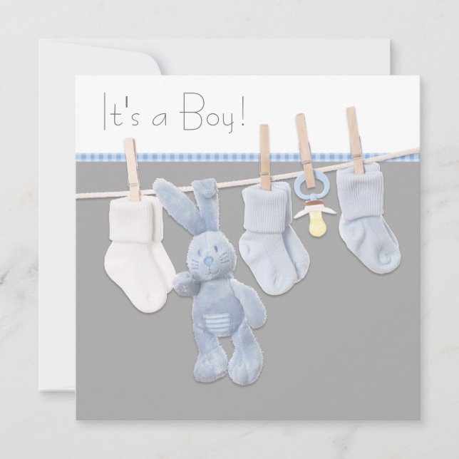 Clothesline Blue and Gray Baby Boy Shower Invitation (Front)