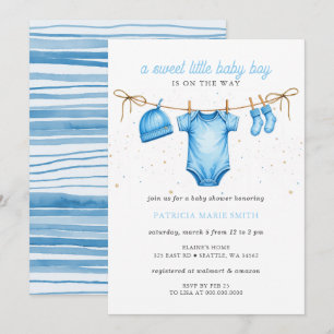 Clothesline Blue Boy Baby Shower Invitation