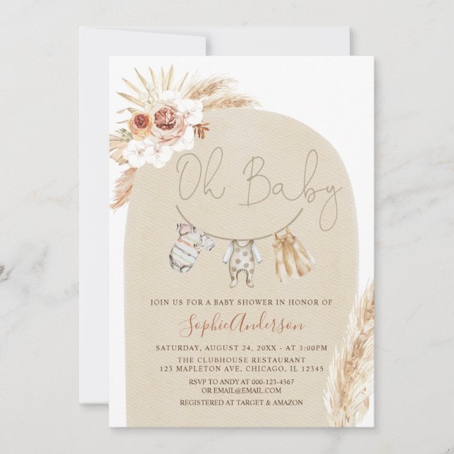 Clothesline Boho Pampas Grass Baby Shower  Invitation (Front)