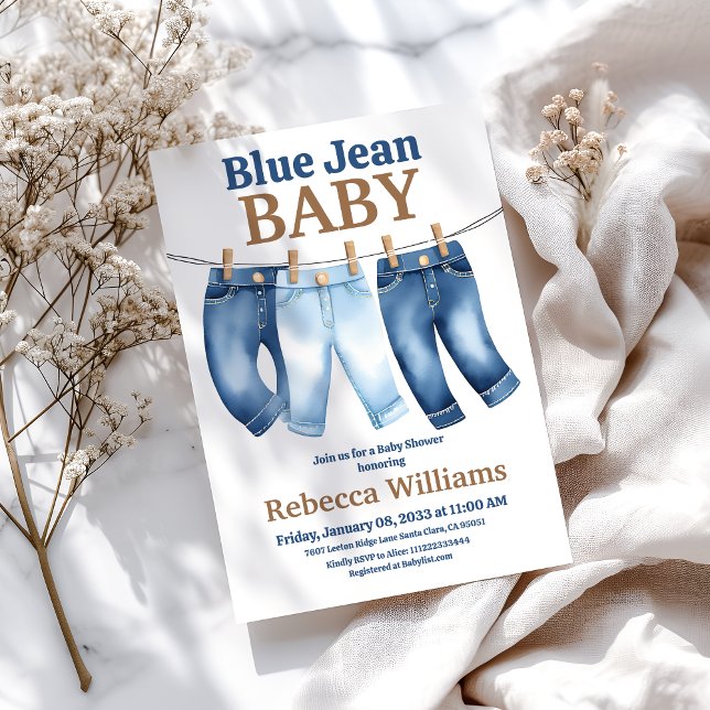 Clothesline Denim Boy Blue Jean Baby Shower Invitation (Creator Uploaded)