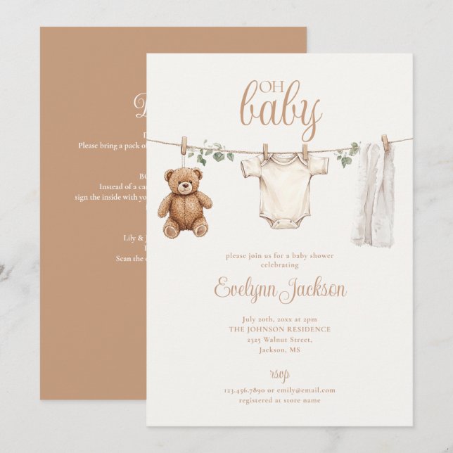 Clothesline Gender Neutral Baby Shower All In One Invitation (Front/Back)