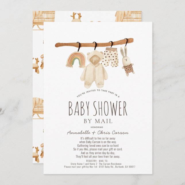 Clothesline Gender Neutral Baby Shower by Mail Invitation (Front/Back)
