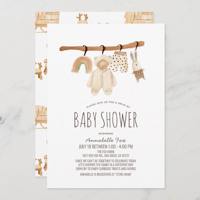 Clothesline Gender Neutral Drive-by Baby Shower Invitation (Front/Back)