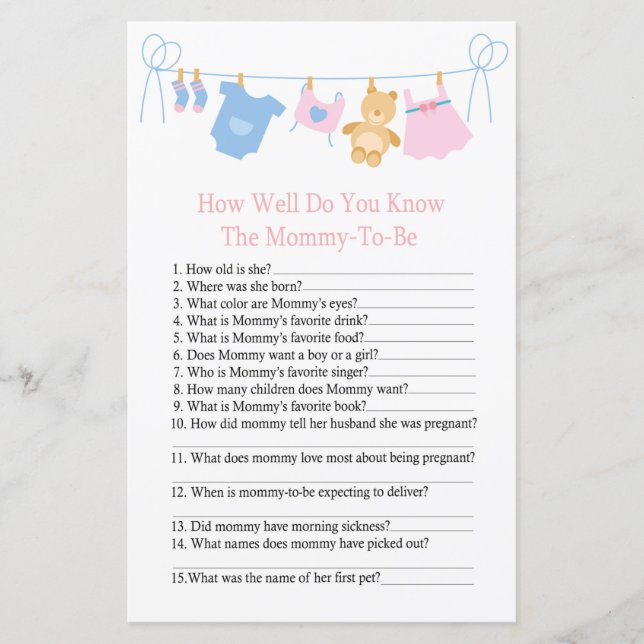 Clothesline How well do you know baby shower game (Front)