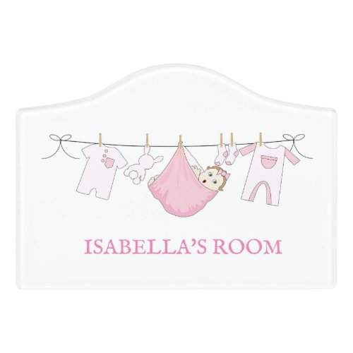 Clothesline illustration Cute Pink Girl Kids   Door Sign
