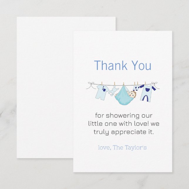 Clothesline Laundry Boy Baby Shower Thank You   Card (Front/Back)