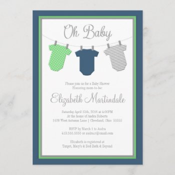 Clothesline Navy Green Baby Boy Shower Invitation by ModernMatrimony at Zazzle