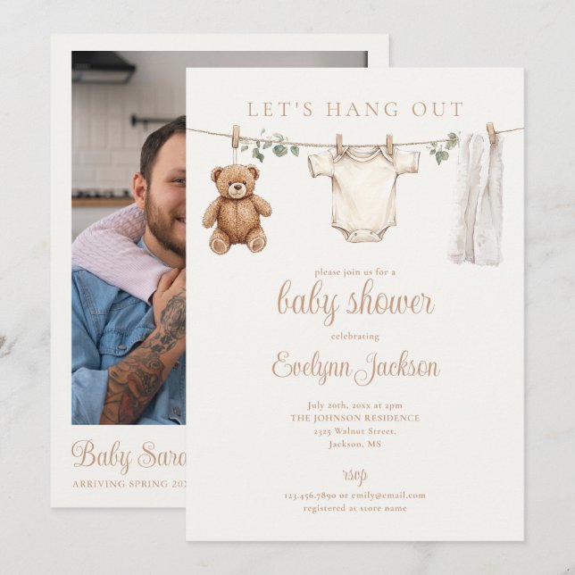 Clothesline Neutral Baby Shower Photo QR Code Invitation (Front/Back)
