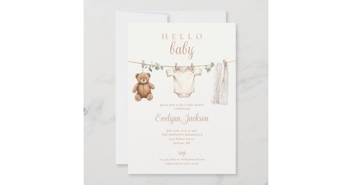 Clothesline Neutral Baby Shower Photo QR Code Invitation | Zazzle