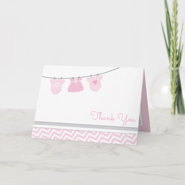 Clothesline Pink Gray Girl Baby Shower Thank You Card (Front)