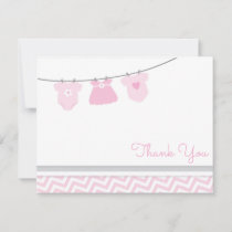 Clothesline Pink Gray Girl Baby Shower Thank You Card