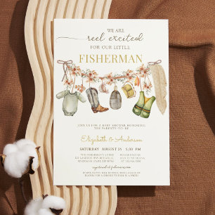 Clothesline Reel Fishing Rustic Floral Baby Shower Invitation