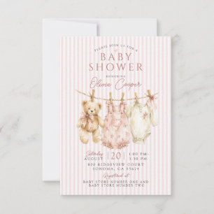 Clothesline Teddy Bear Pink Girl Baby Shower Invitation