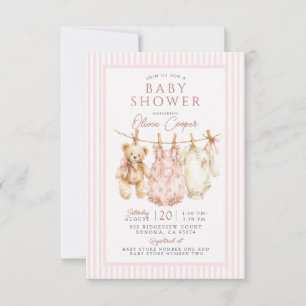 Clothesline Teddy Bear Pink Girl Baby Shower Invitation
