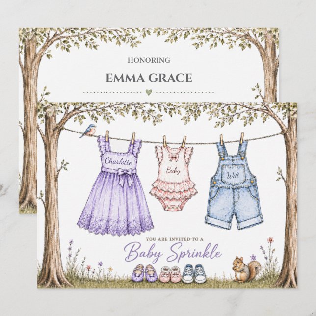Clothesline Two Siblings Baby Sprinkle Invitation (Front/Back)