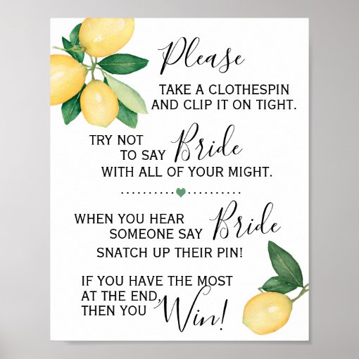 Clothespin Bridal Shower game Lemons Sign | Zazzle