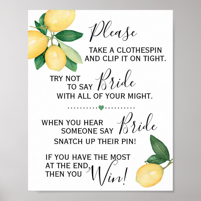 Clothespin Bridal Shower game Lemons Sign (Front)