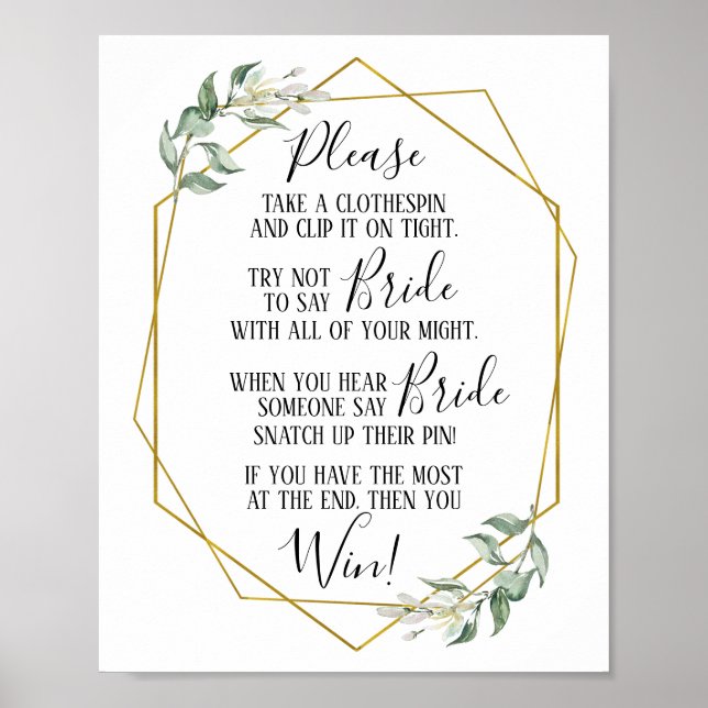 Clothespin bridal shower greenery gold game sign (Front)
