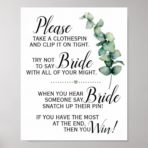 Clothespin Eucalyptus Bridal Shower Game Sign