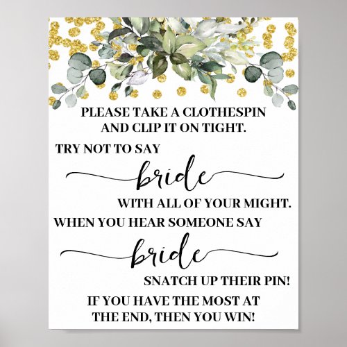 Clothespin Eucalyptus Gold Bridal Shower Game Sign