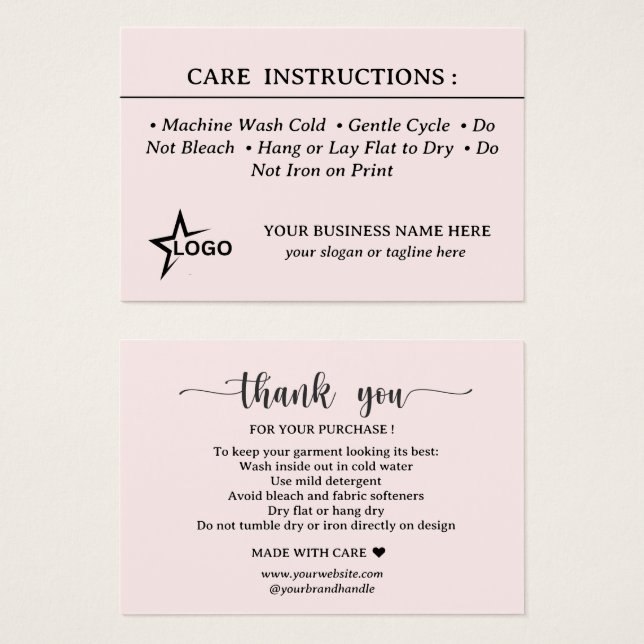 Clothing Care Instruction Package Insert Card (Front & Back)
