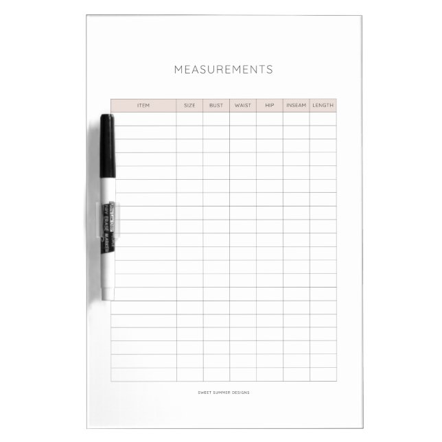Clothing Measurements Dry Erase Board (Front)