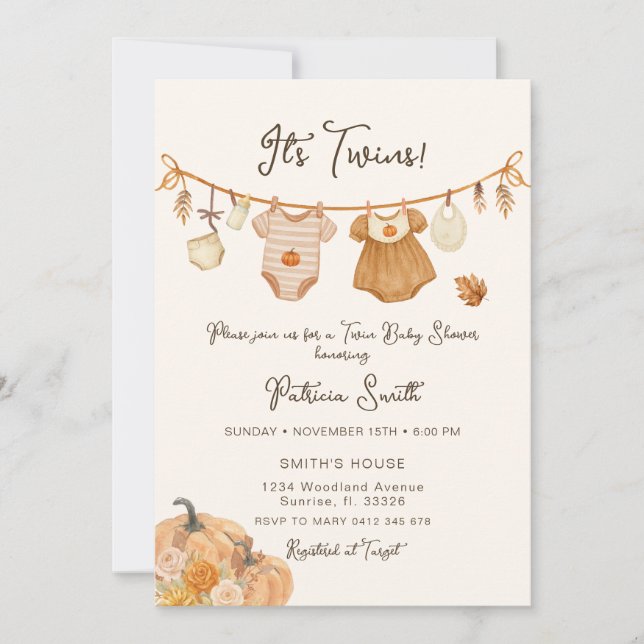Clothsline Pumpkin Twins Baby Shower  Invitation (Front)