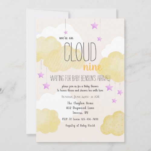 Cloud 9 Baby Shower Invitation in Gold